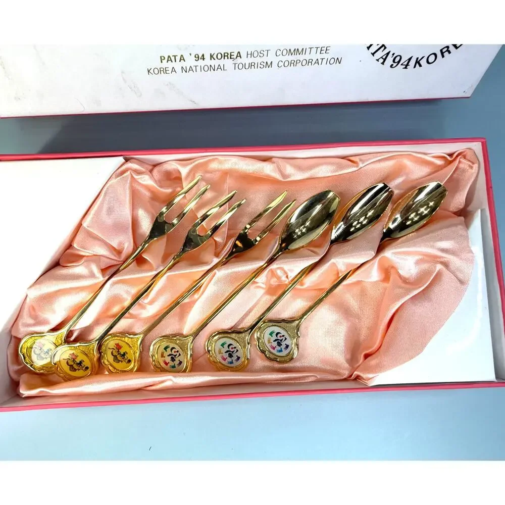 NIB 1994 Korean Gold Plated Stainless Enamel Spoon and Fork Appetizer Set of 6